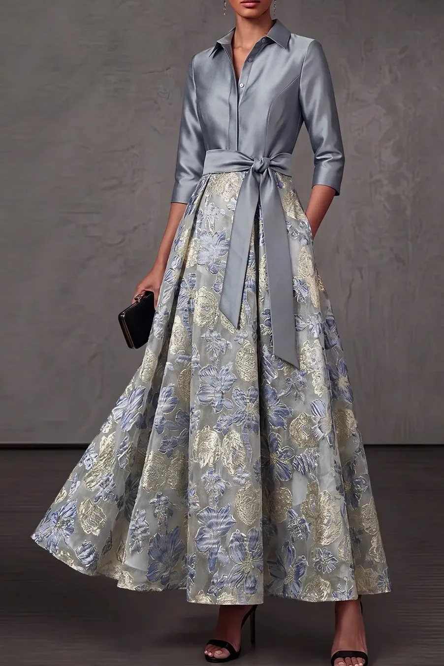 Point Collar 3/4 Sleeves Bow Jacquard Floor-Length A-Line Dress