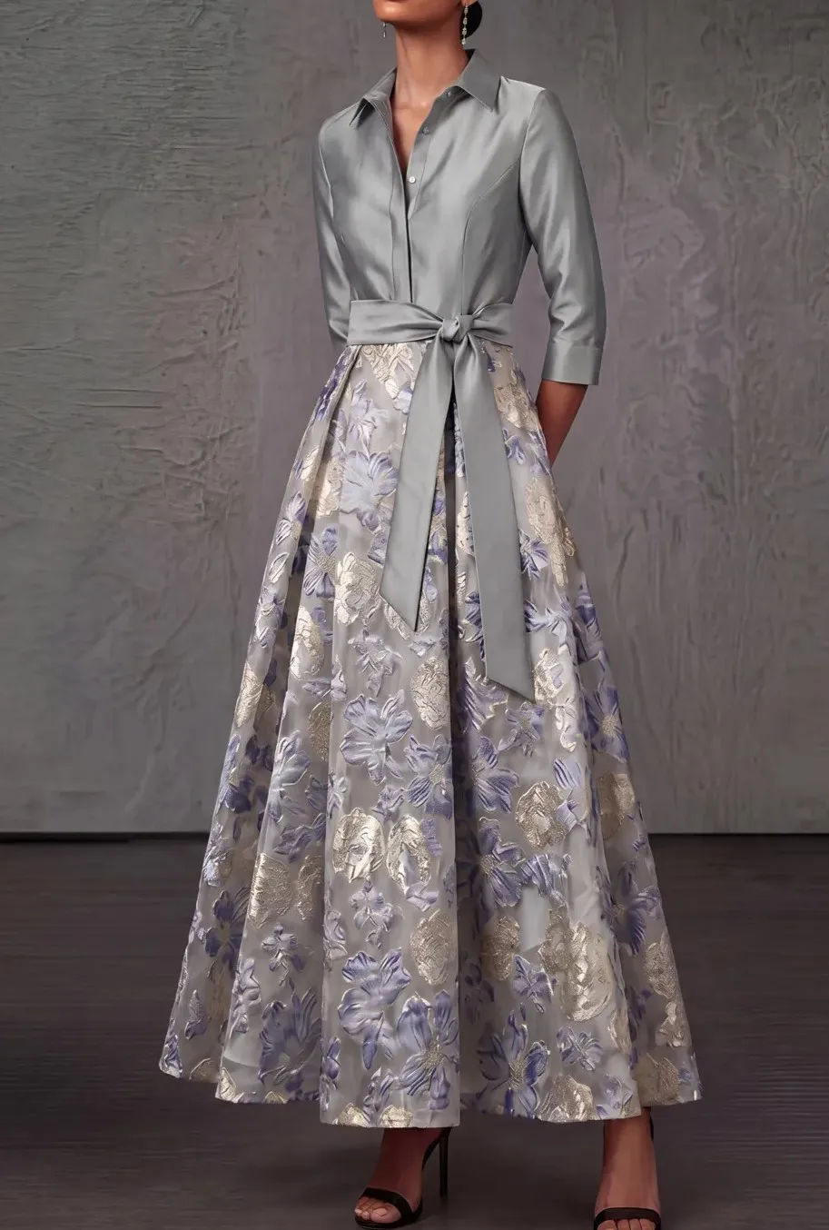 Point Collar 3/4 Sleeves Bow Jacquard Floor-Length A-Line Dress