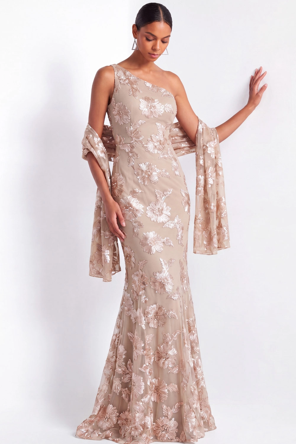 Champagne One Shoulder Floral Mermaid Evening Gown