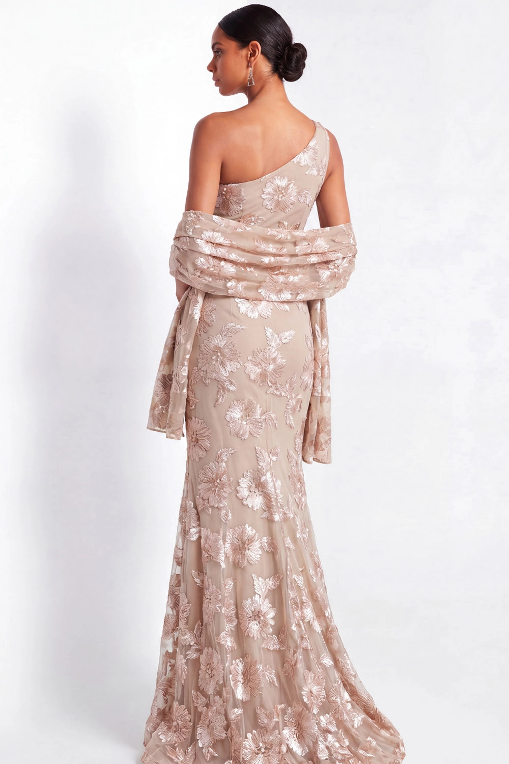 Champagne One Shoulder Floral Mermaid Evening Gown