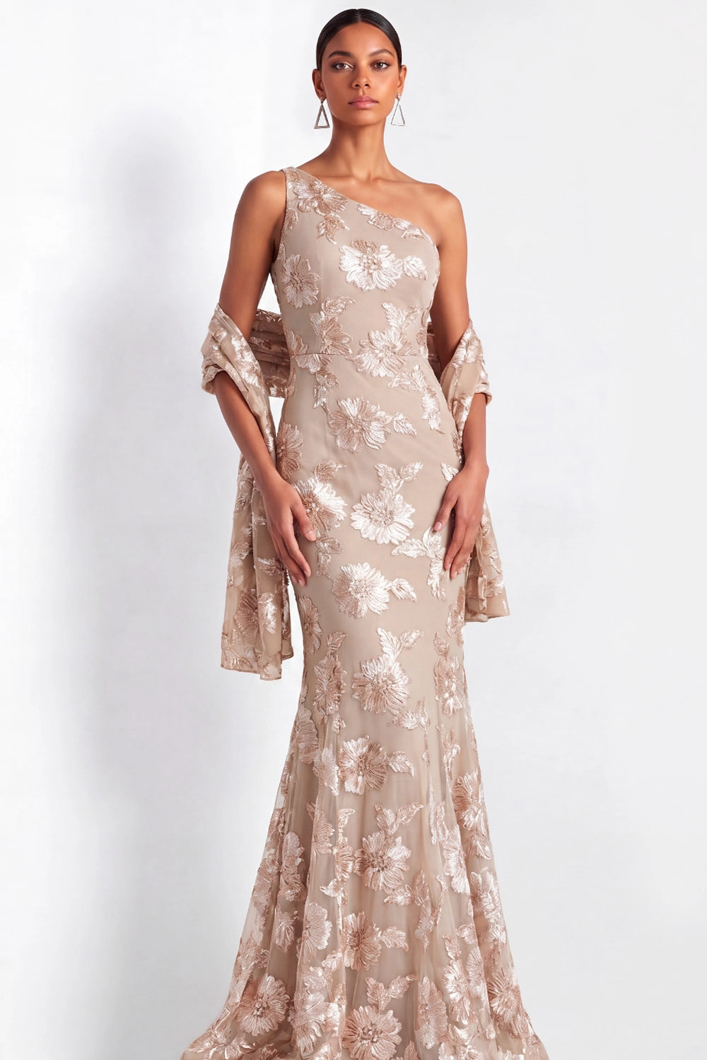 Champagne One Shoulder Floral Mermaid Evening Gown