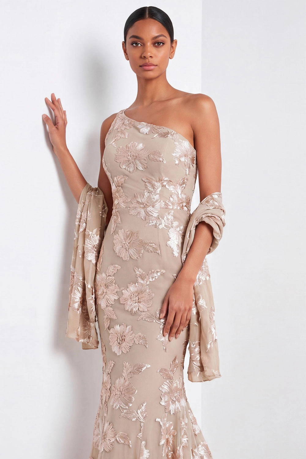 Champagne One Shoulder Floral Mermaid Evening Gown