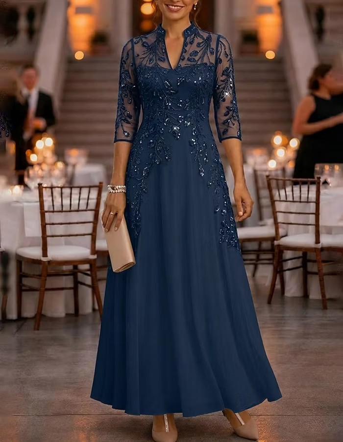 Stand Collar Half Sleeve Beaded Chiffon Evening Gown