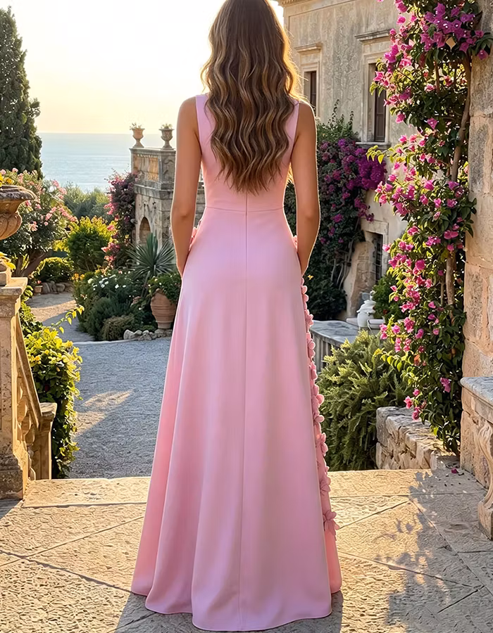 Pink Round Neck 3D Floral Blend Maxi Dress