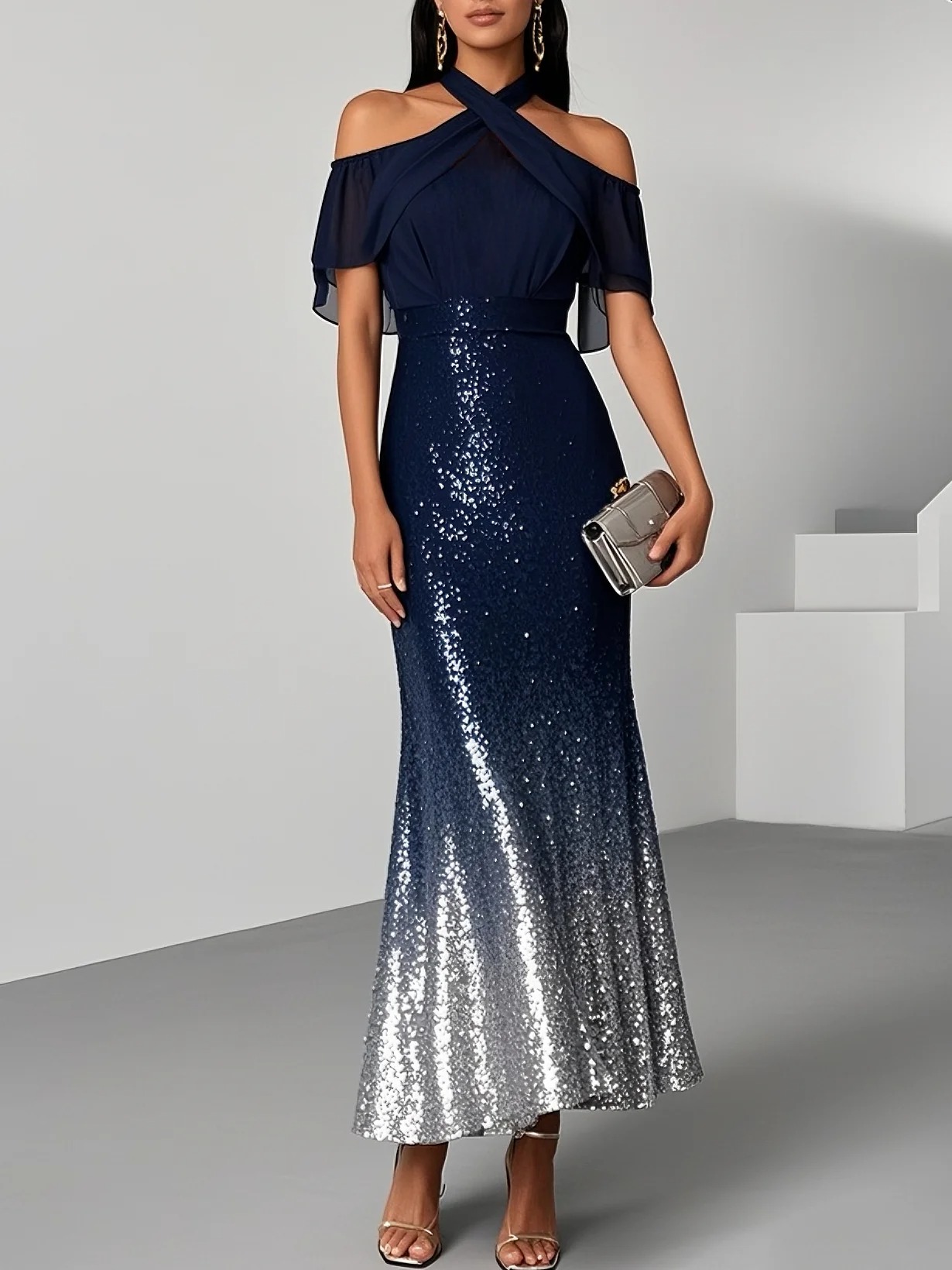 Navy Blue Sequin Cold Shoulder Short Sleeve Mermaid Maxi Dress