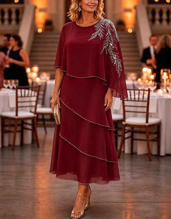 Beaded Chiffon Overlay Layered Midi Dress