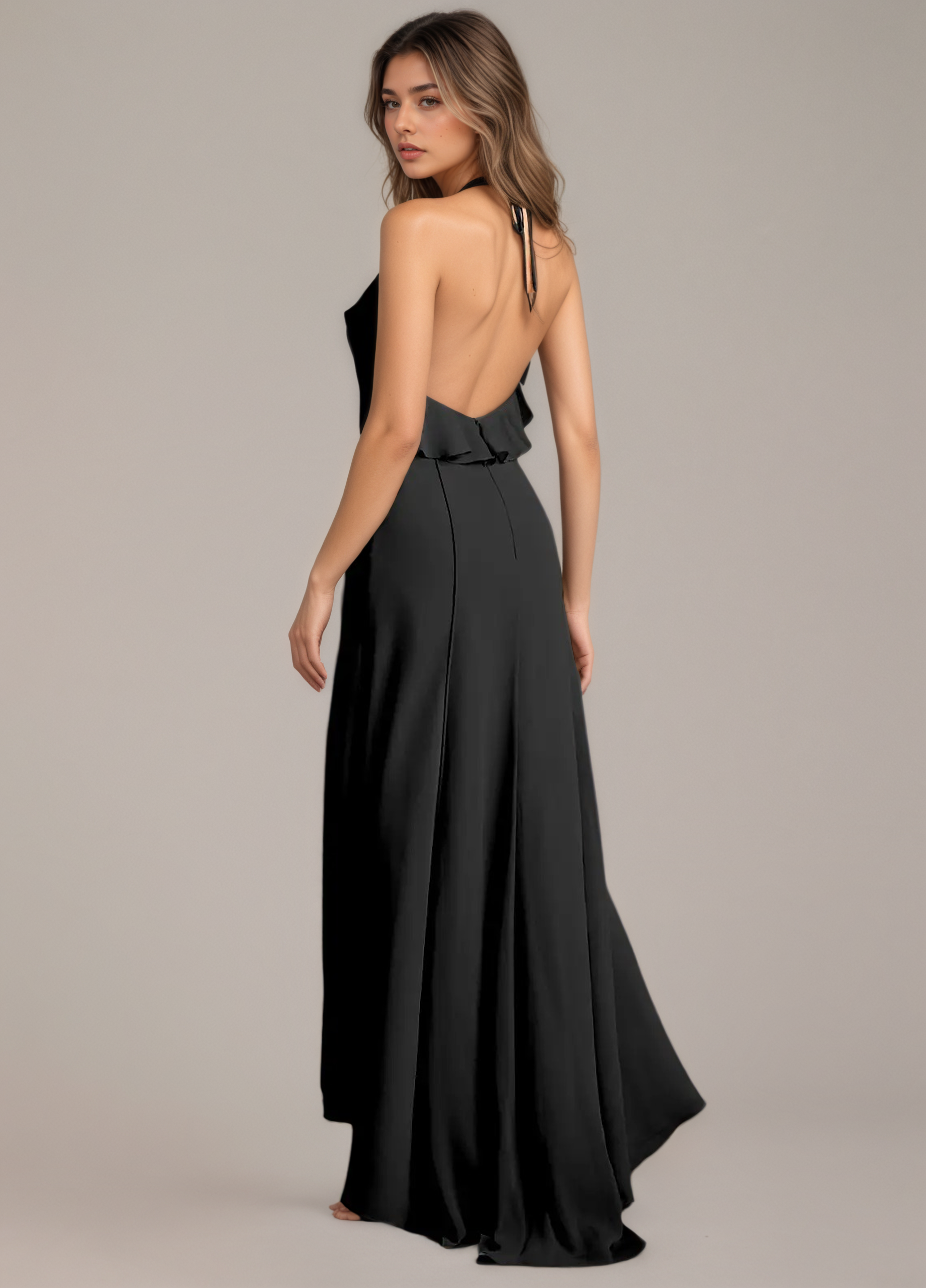 Black Halter Ruffle Asymmetrical Gown