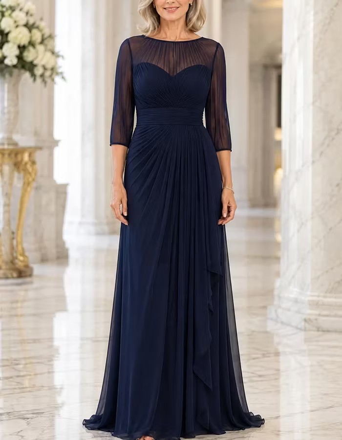 Illusion Boat Neck Pleated Chiffon Evening Gown