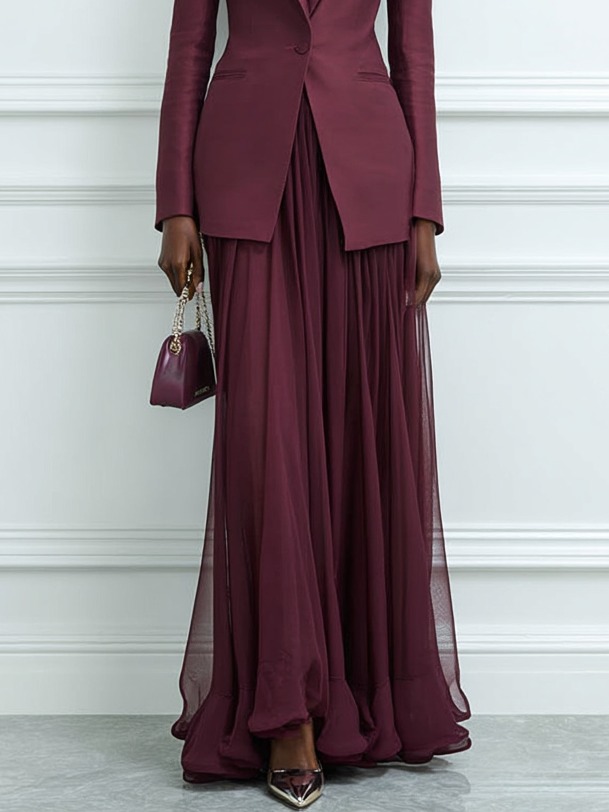 Women Wine Red Shawl Collar Long Sleeve Dressy Dress With Coat Two-Piece Set
