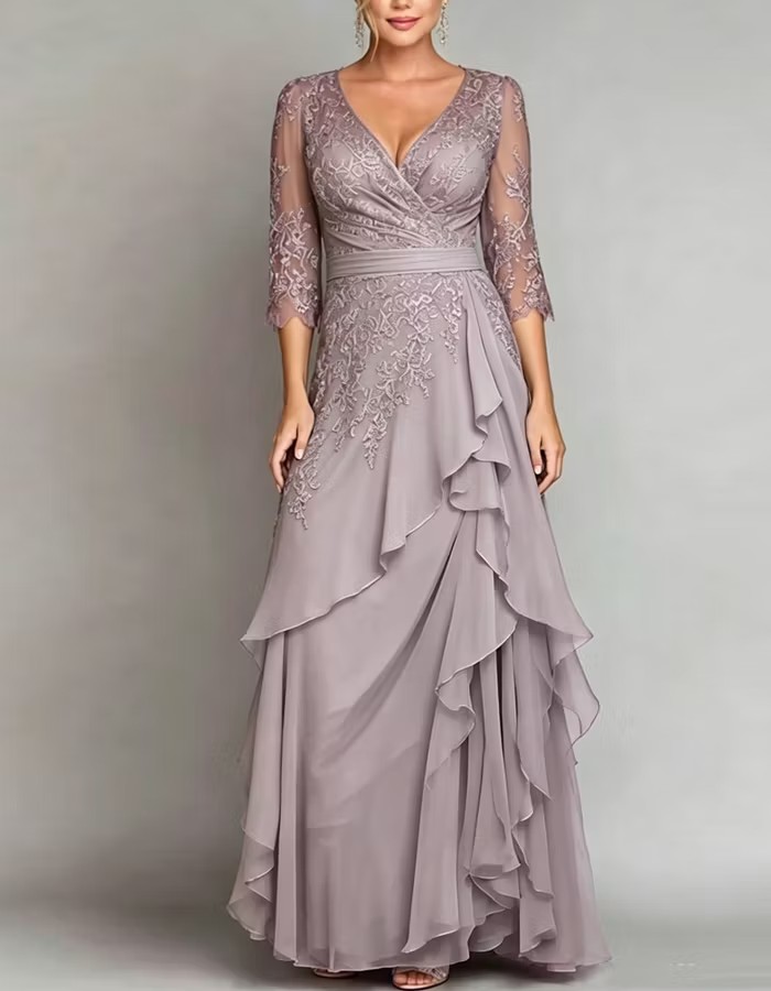 V-Neck Half Sleeve Lace Chiffon Evening Gown