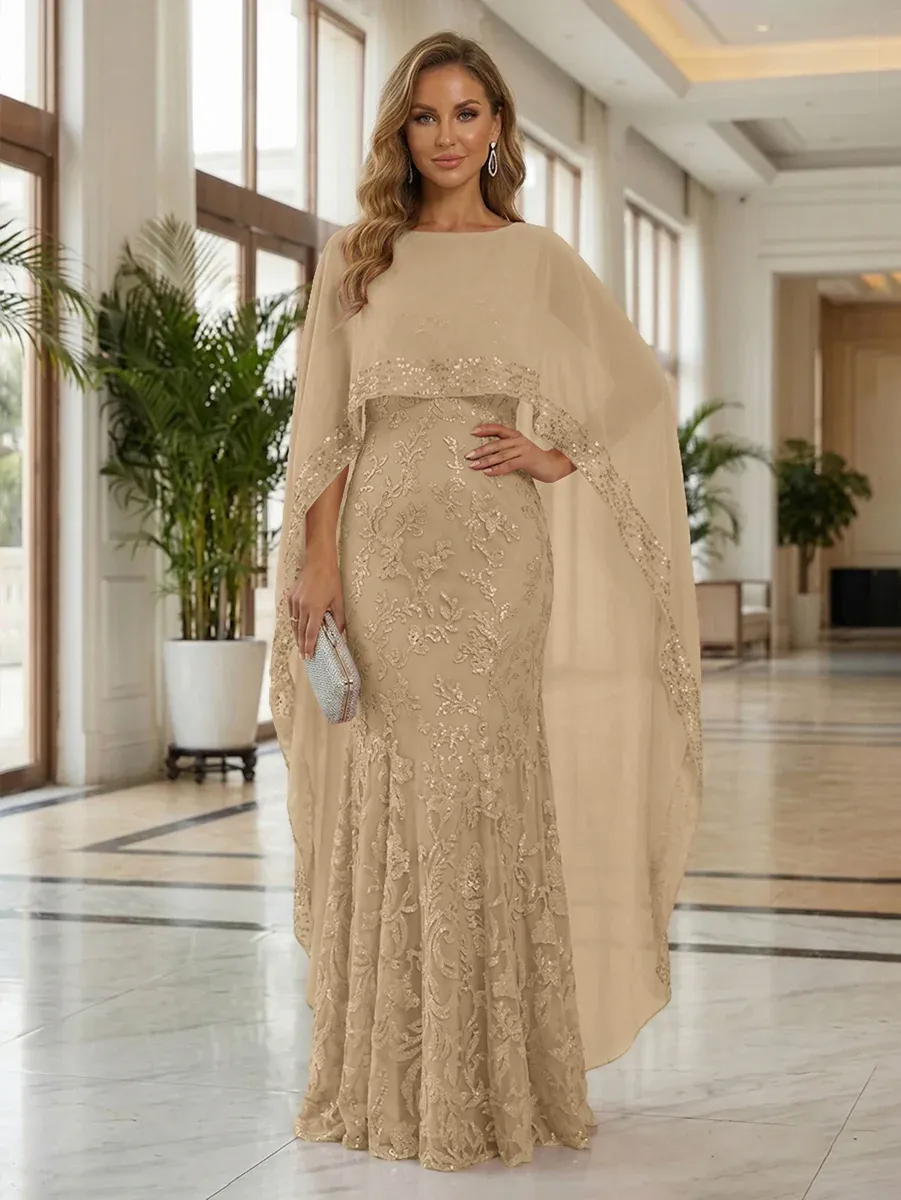 Sheath Tulle Chiffon Cape Sleeves Mother of the Bride & Groom Dresses with Sequin Embellished Lace