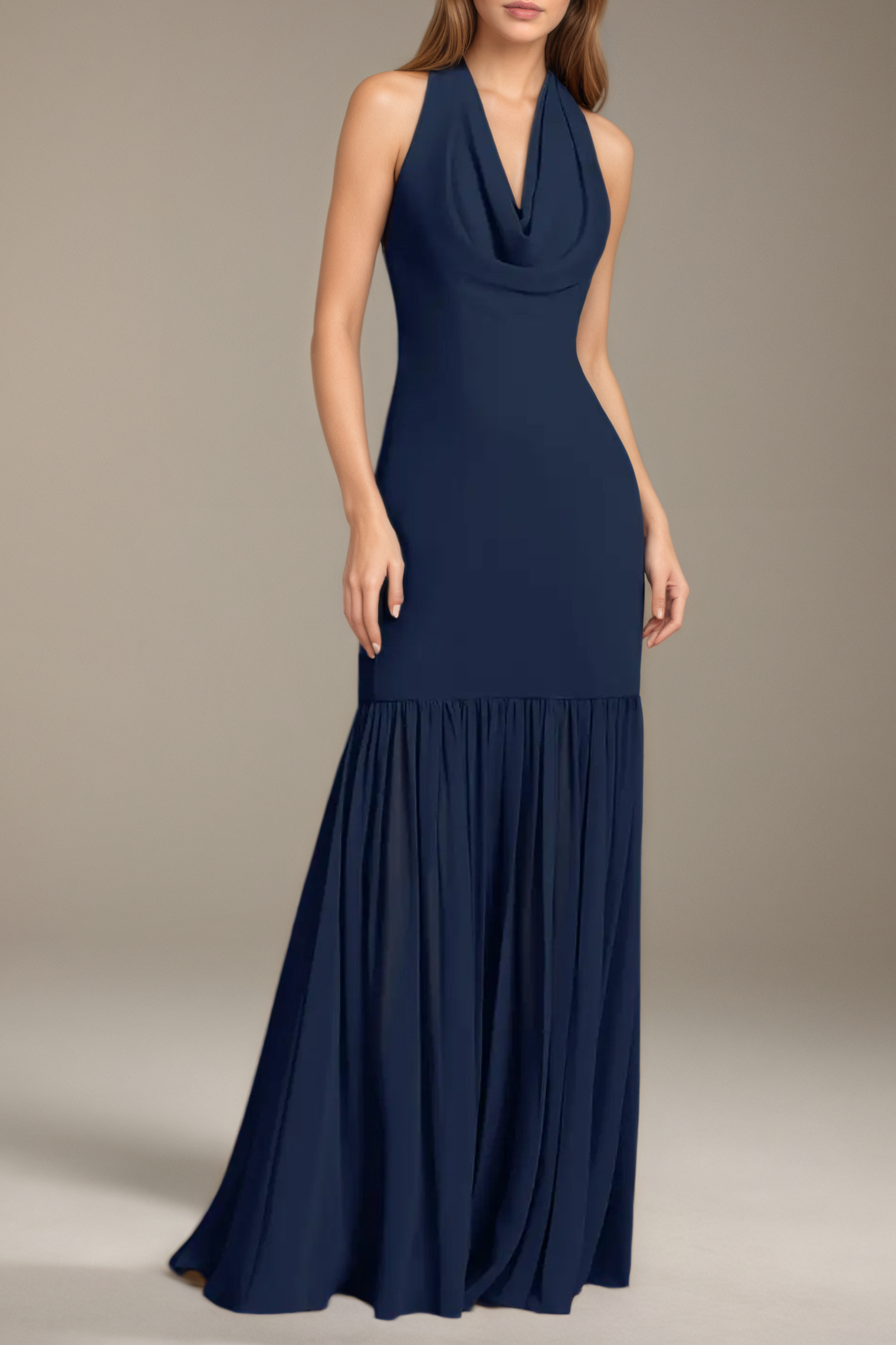 Navy Blue Halter Mermaid Evening Dress