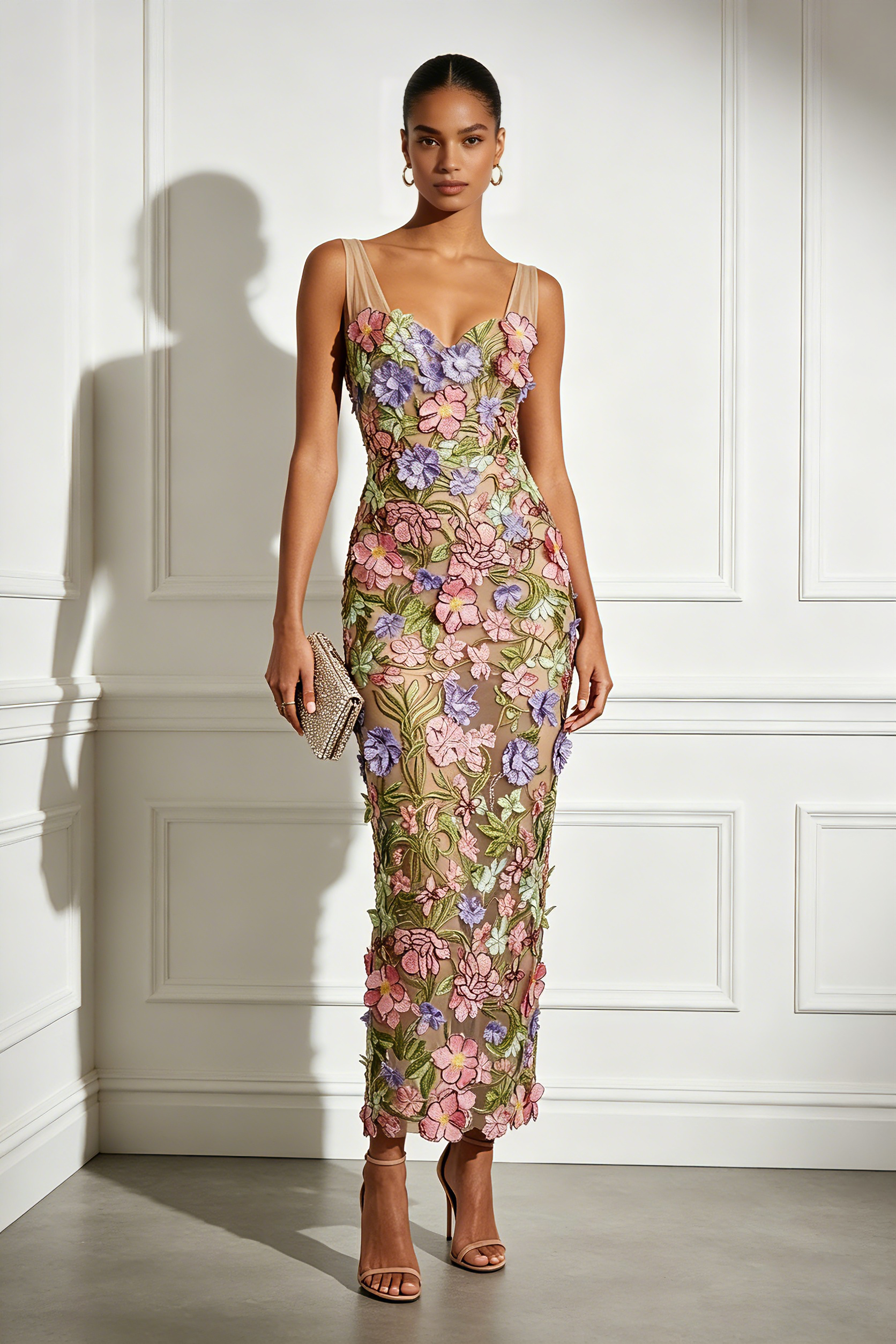 Sleeveless Sweetheart 3D Floral Applique Long Evening Dress