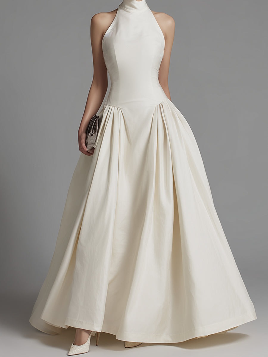 White Halter Neck Fit-and-Flare Maxi Dress With Structured Pleated Skirt