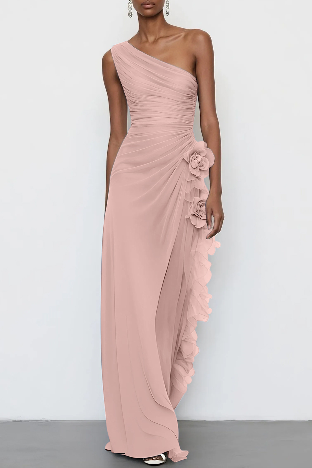 Light Blue 3D Floral Chiffon One Shoulder Sleeveless Sheath Maxi Dress