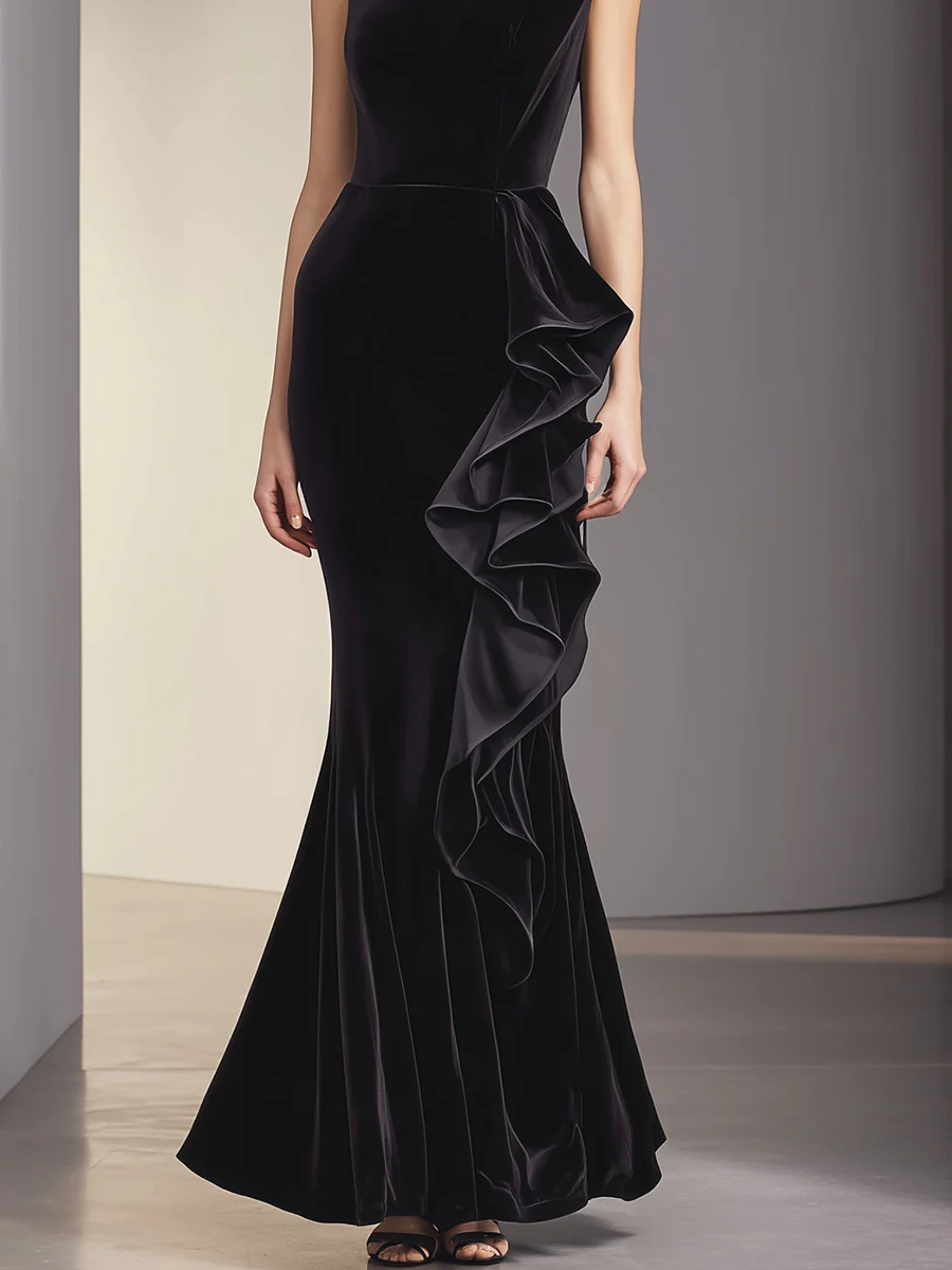 Black Asymmetric Cascading Ruffle Velvet Gown