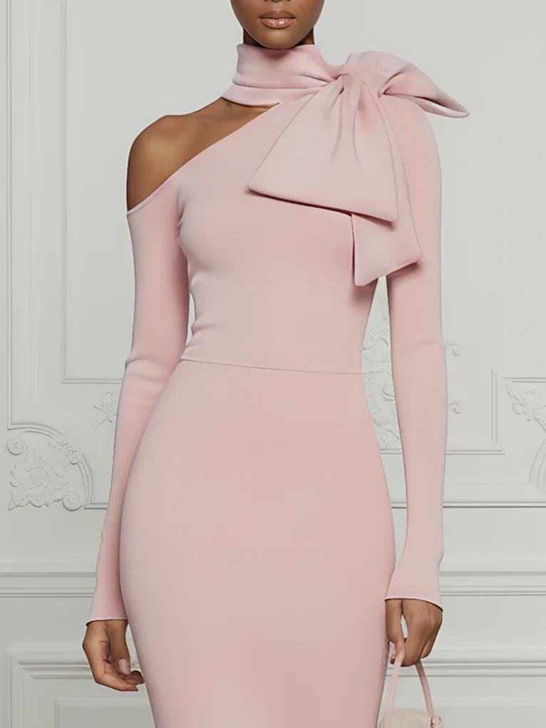 Pink Bow Asymmetric Knit Mock Neck Long Sleeve Sheath Midi Dress