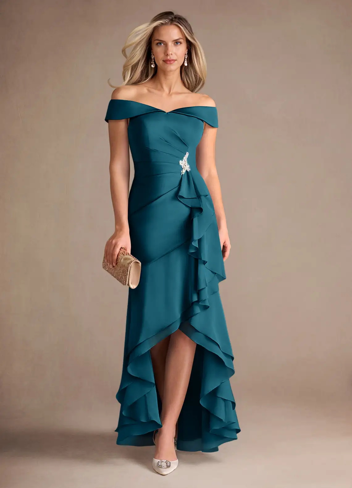 Off-Shoulder Beaded Asymmetrical Mermaid Evening Gown