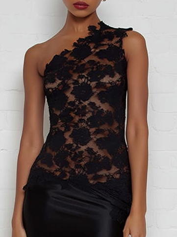 Black Lace One Shoulder Sleeveless Sheath Maxi Dress
