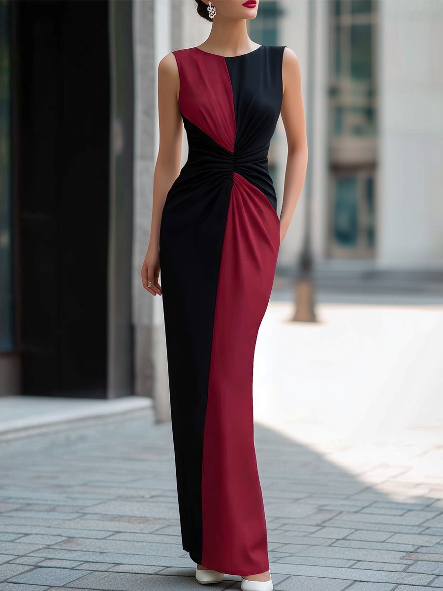 Burgundy Colorblock Twist Front Sleeveless Maxi Dress