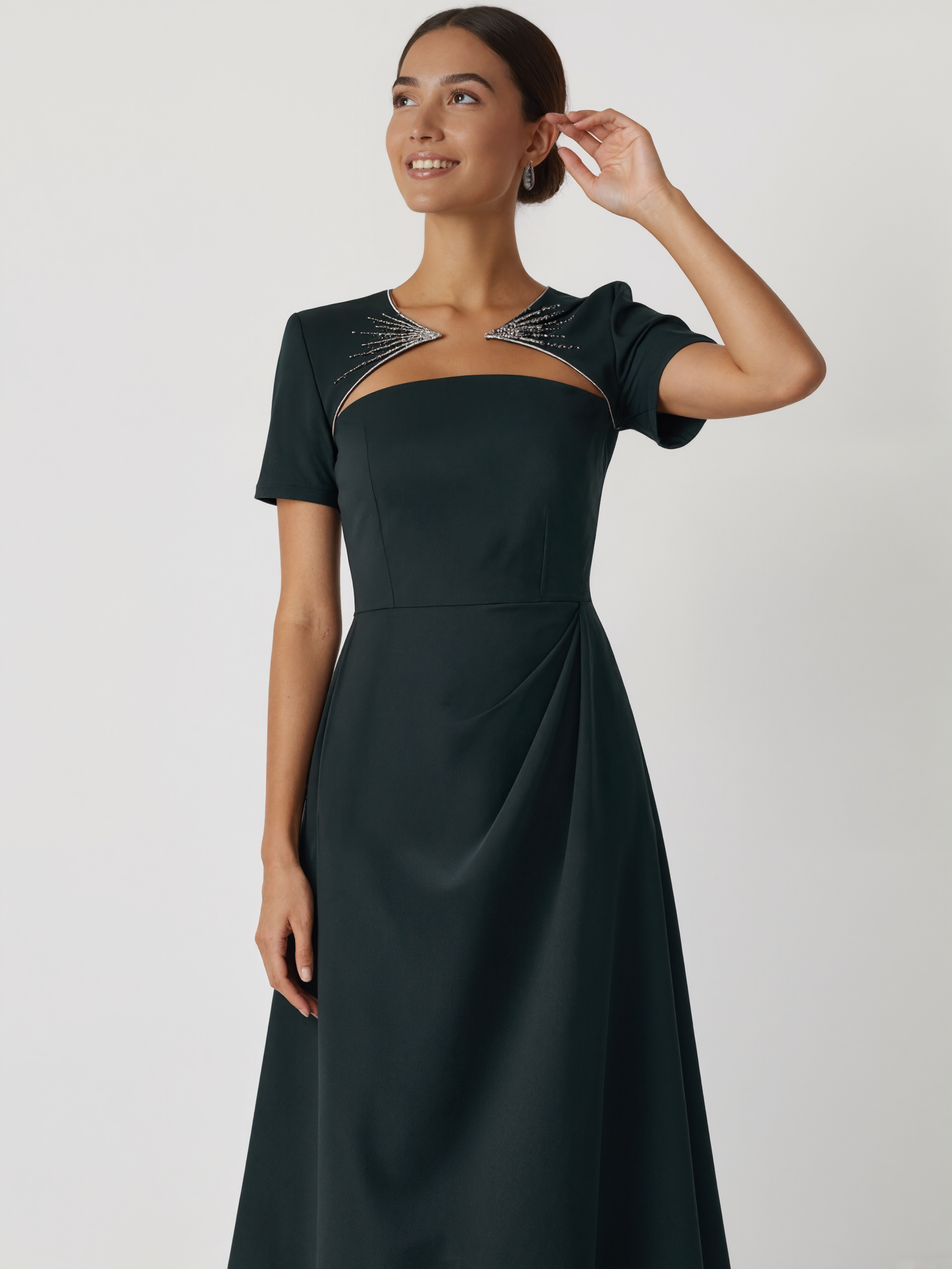 Black Ruched Hot Drilling Classic Crew Neck Short Sleeve A-Line Midi Dress