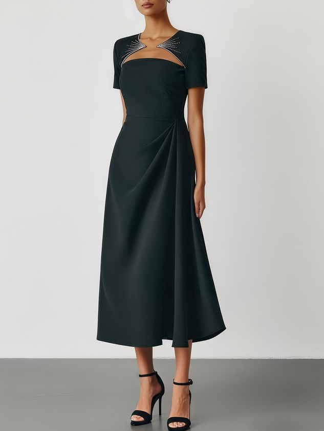 Black Ruched Hot Drilling Classic Crew Neck Short Sleeve A-Line Midi Dress