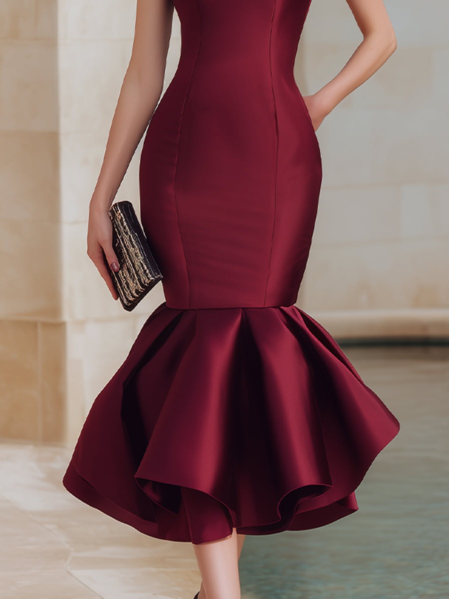 Burgundy Sleeveless Mermaid Hem Midi Dress