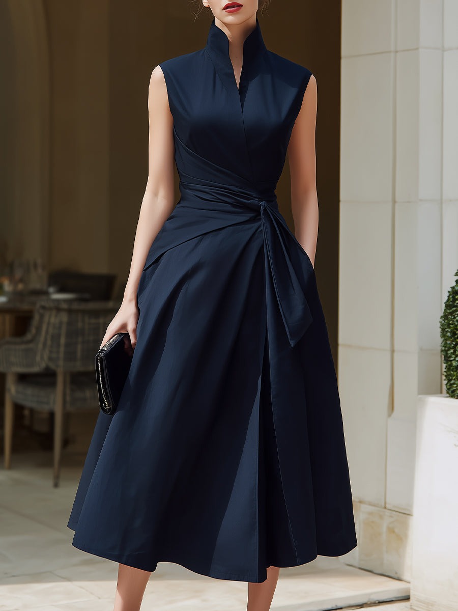Navy Blue Sleeveless Wrap Midi Dress With Structured Stand Collar