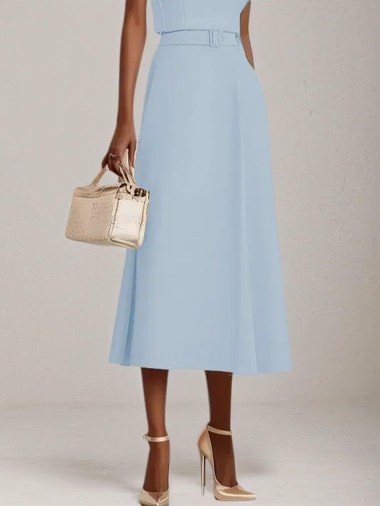 Light Blue Classic Boat Neck Sleeveless A Line Midi Dress