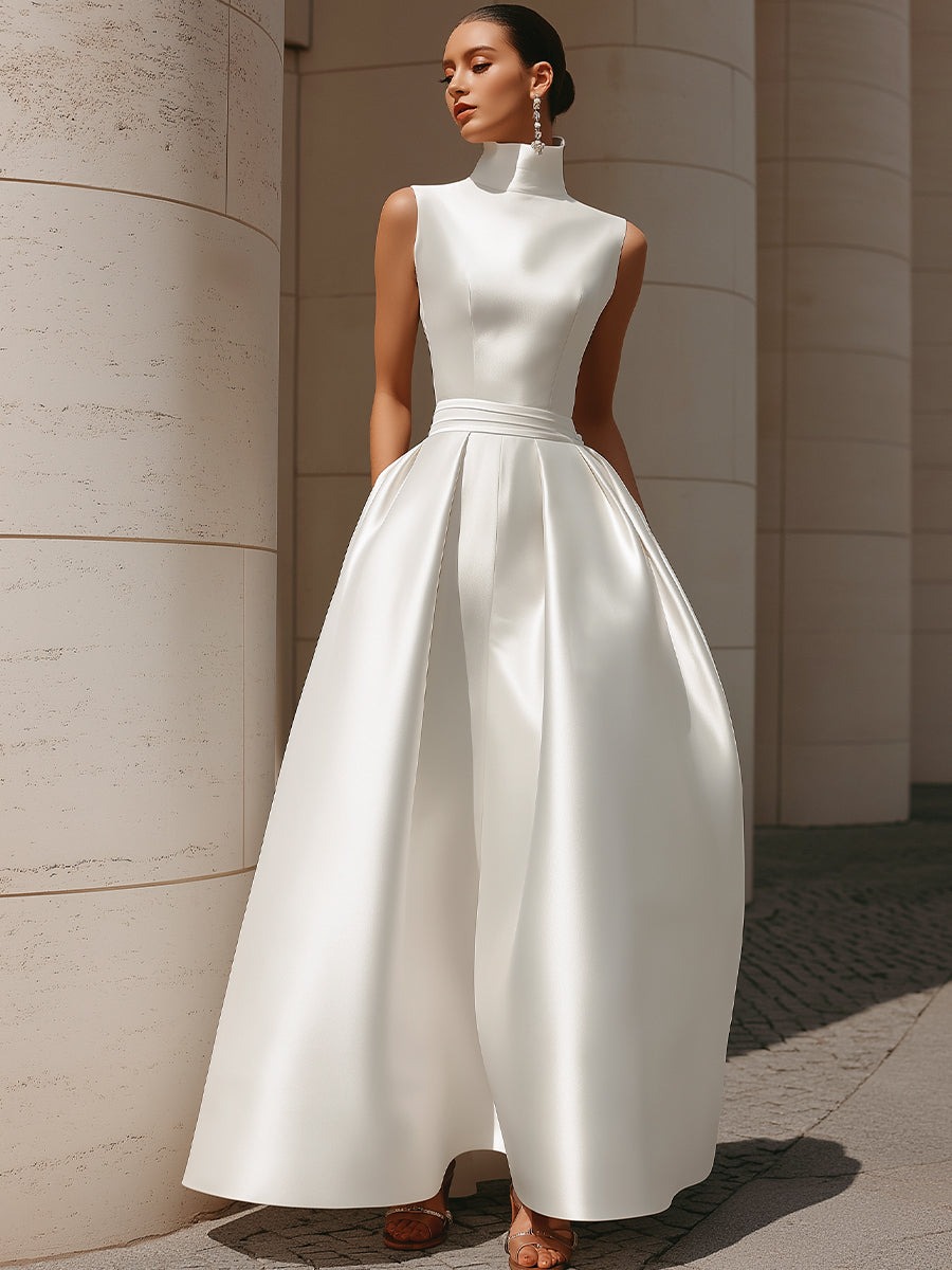 White Ethereal High-Neck Sleeveless Satin A-Line Evening Gown