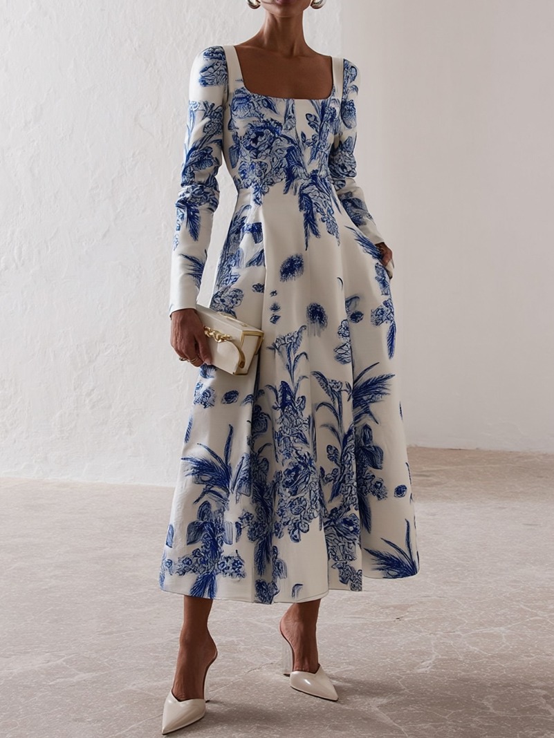 Blue Floral Classic Square Neck Long Sleeve A-Line Midi Dress