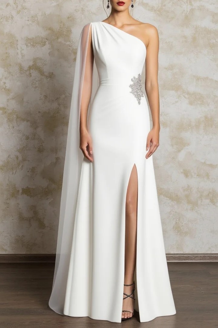 Formal Evening Dress Burgundy One Shoulder Slit Maxi Dress