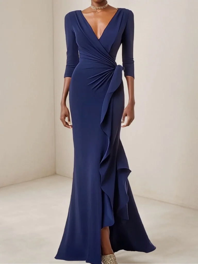 Dark Blue Ruched V Neck Long Sleeve A-Line Gown Floor Length Dress