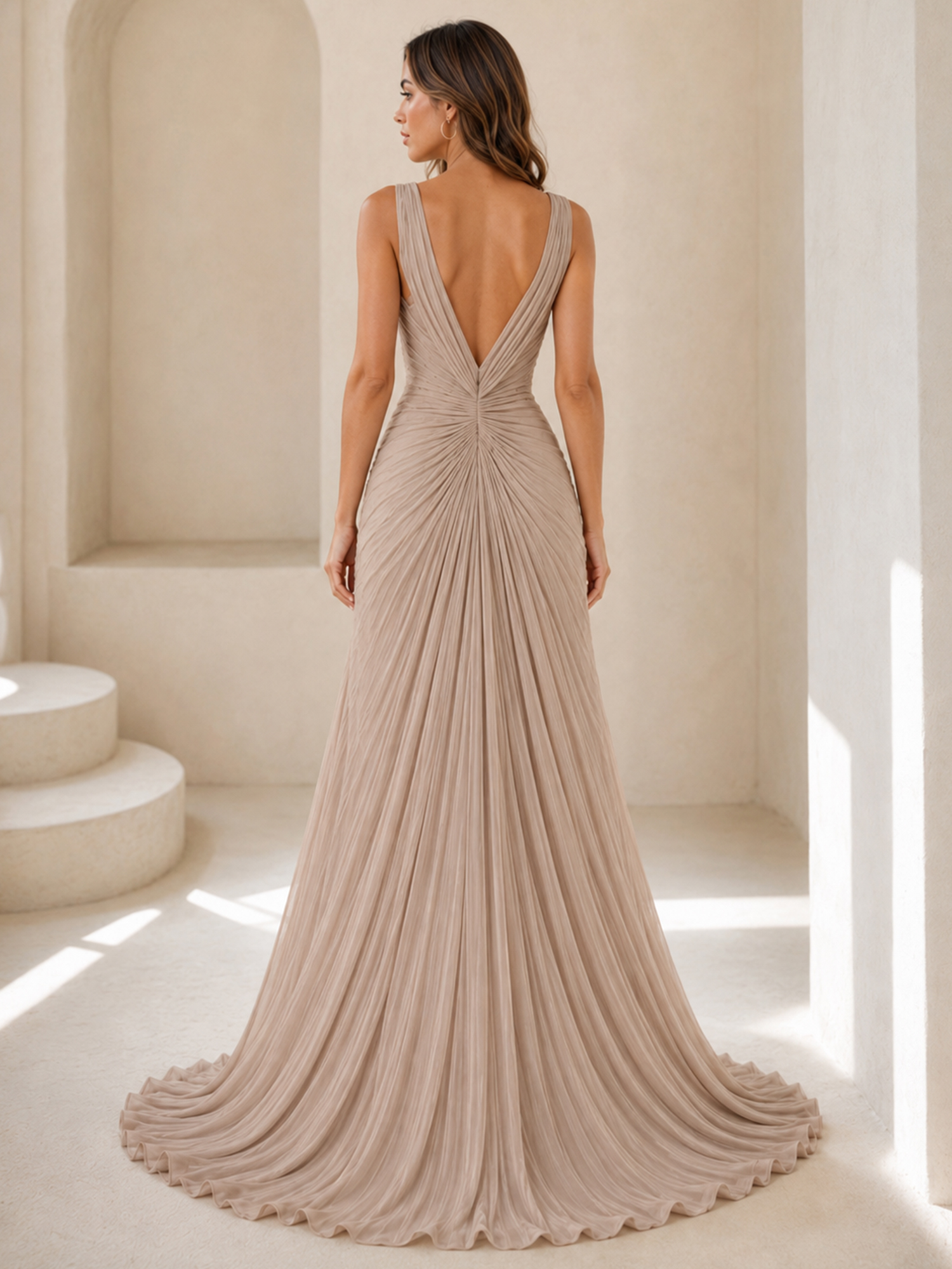 V-Neck Sleeveless Pleated Tulle Long Evening Gown