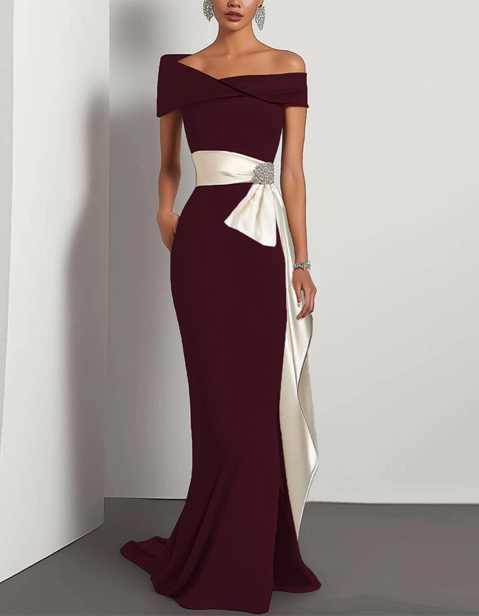 Formal Dress Green One-Shoulder Rhinestone Waist Belt Maxi Dress