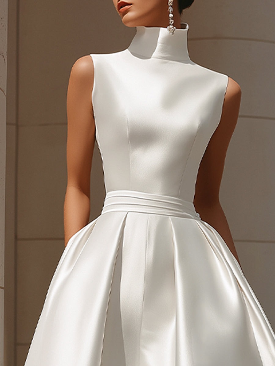 White Ethereal High-Neck Sleeveless Satin A-Line Evening Gown