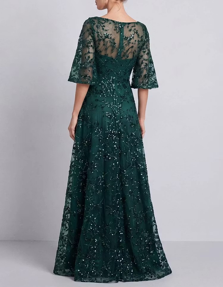 Boat Neck Flare Sleeve Beaded Mesh Evening Gown