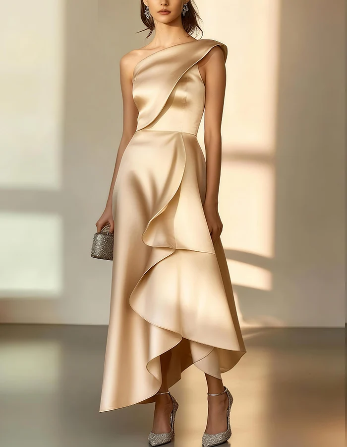 One-Shoulder Ruffle-Trim Satin Evening Gown