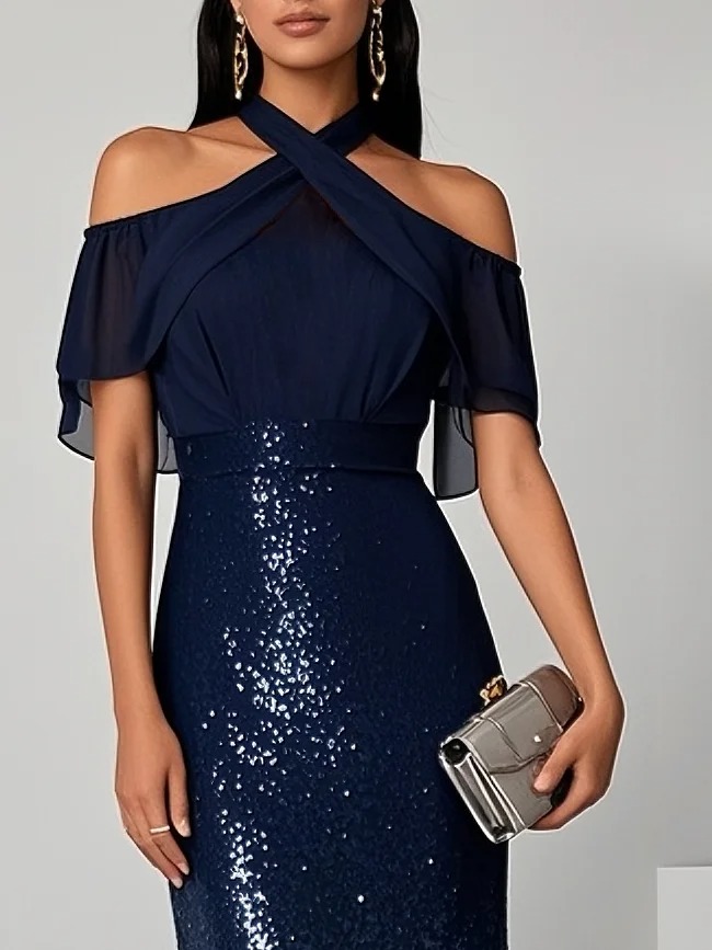 Navy Blue Sequin Cold Shoulder Short Sleeve Mermaid Maxi Dress