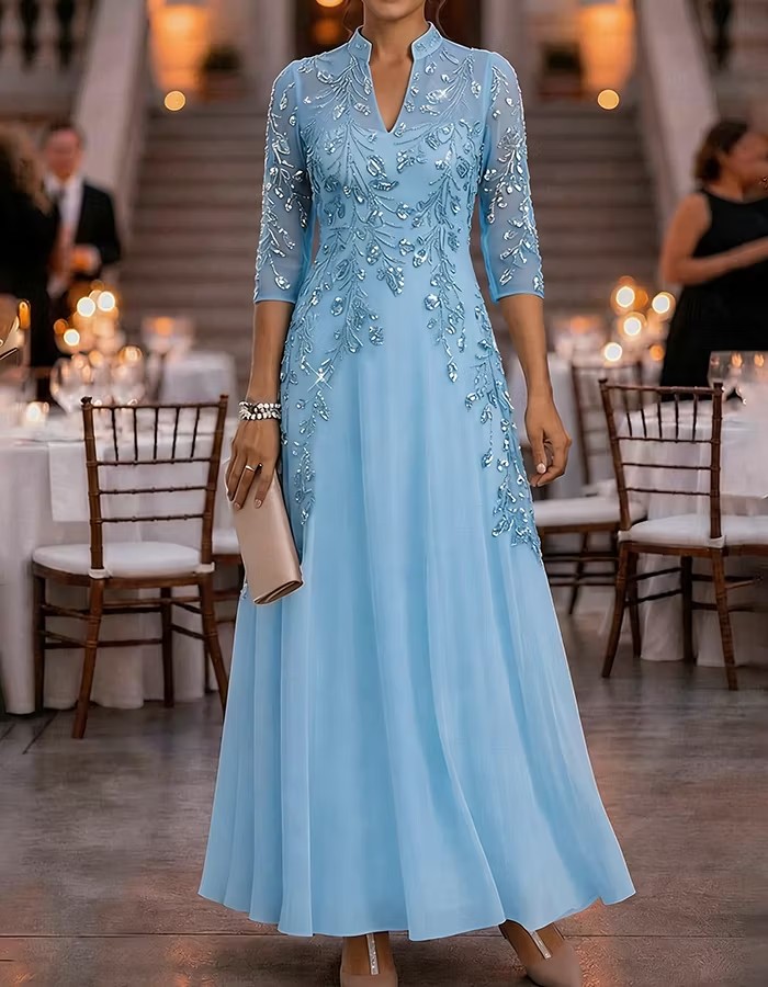 Stand Collar Half Sleeve Beaded Chiffon Evening Gown