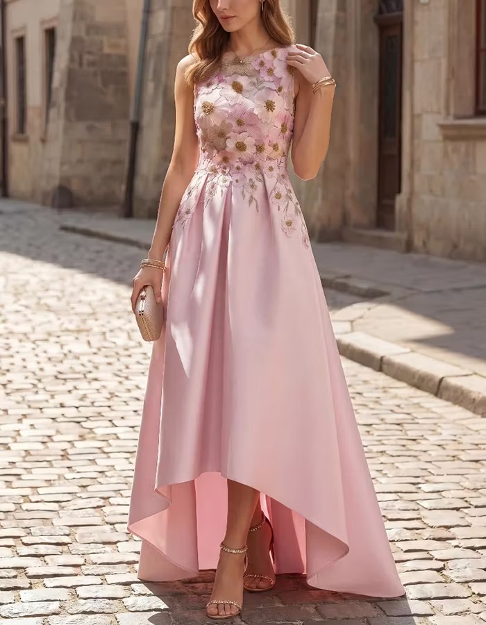 Sleeveless Floral Embroidered High-Low Satin Evening Dress