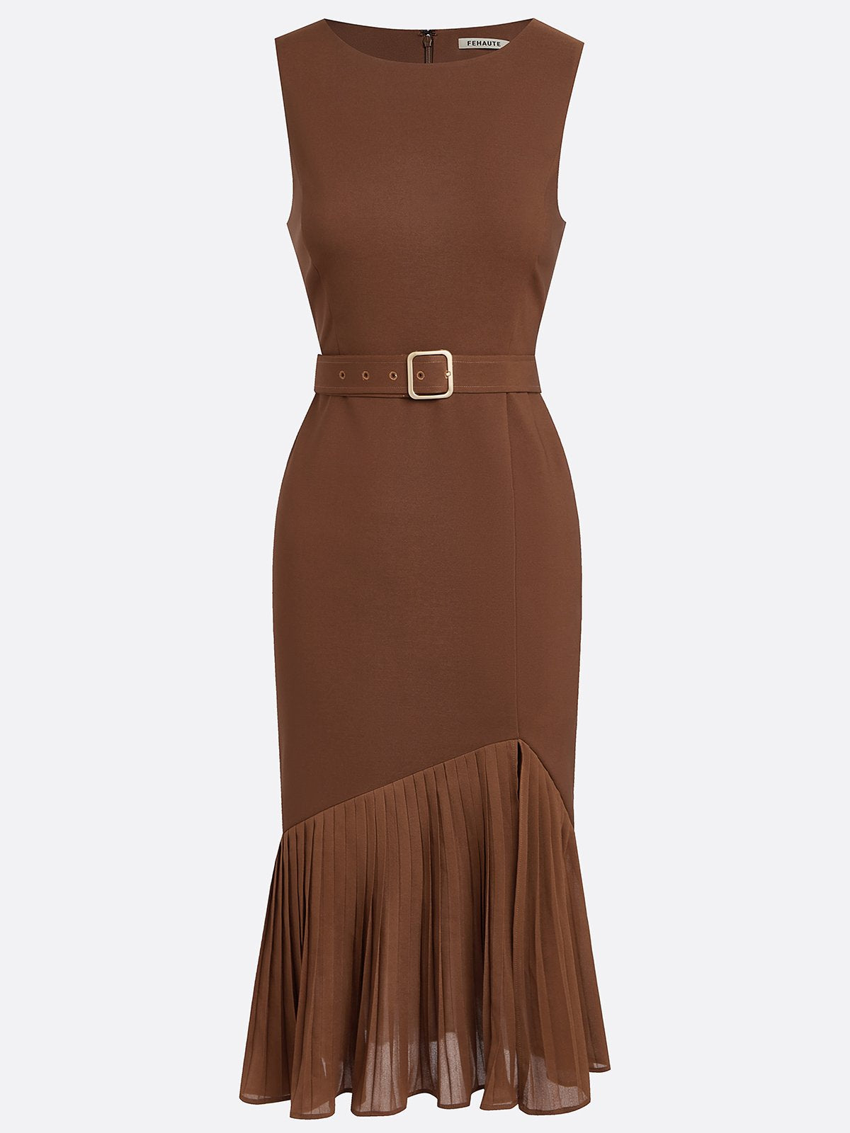 Brown Pleated Slit Classic Boat Neck Sleeveless Mermaid Midi Dress