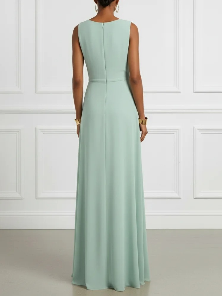 Green Ruched Knit Crew Neck Sleeveless A-Line Maxi Dress