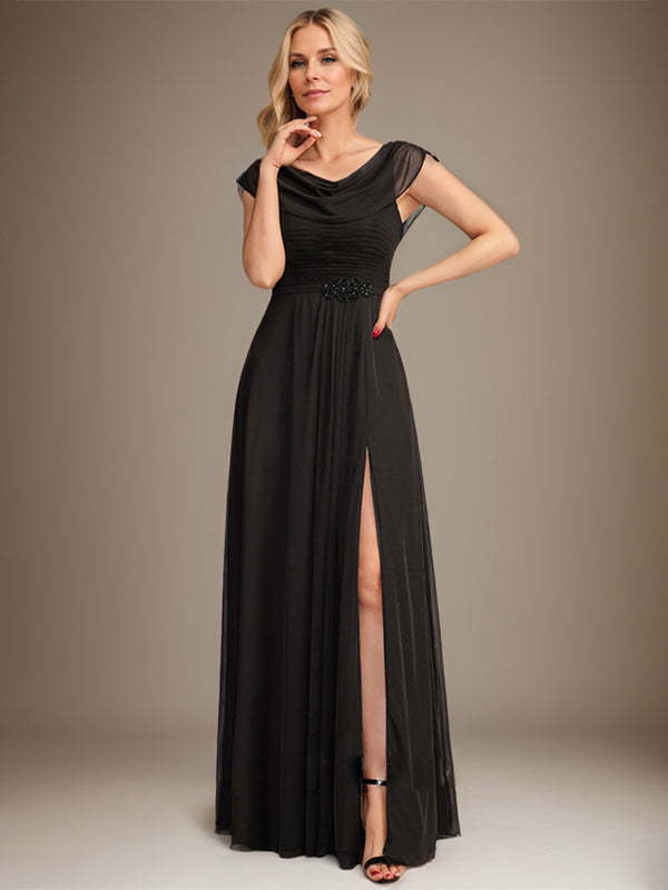 A-line Scoop Floor-Length Chiffon Mother of the Bride Dress With Pleated Beading