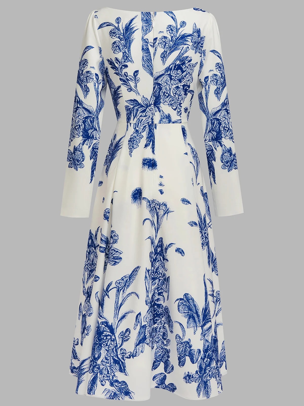 Blue Floral Classic Square Neck Long Sleeve A-Line Midi Dress
