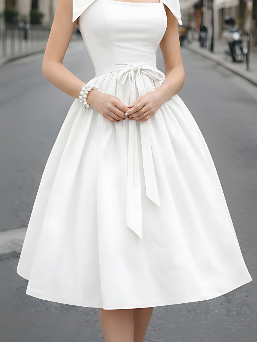 White Square-Neck A-Line Dress With Structured Shoulder Detail
