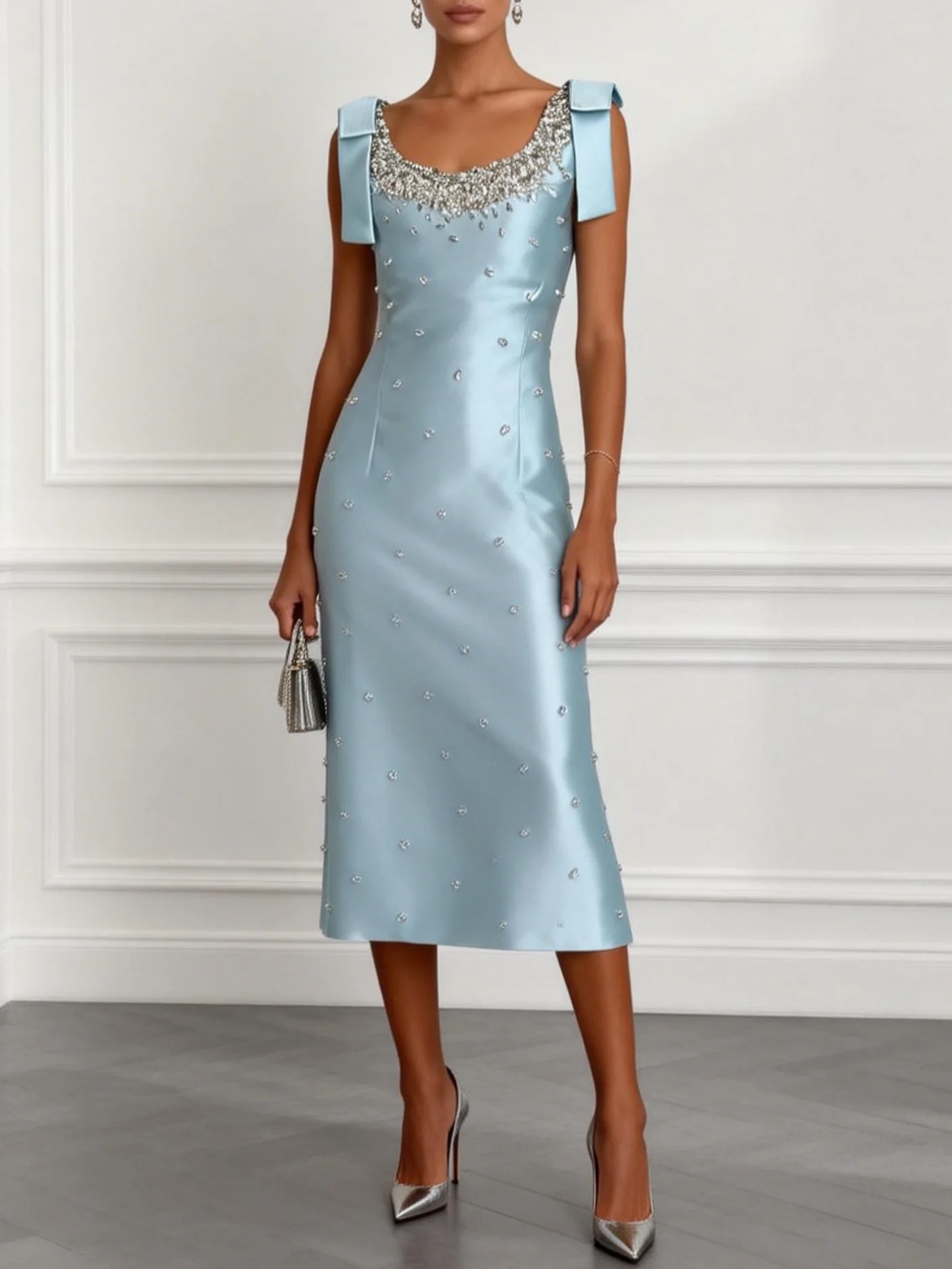 Light Blue Beaded Bow Satin Crew Neck Sleeveless Bodycon Midi Dress