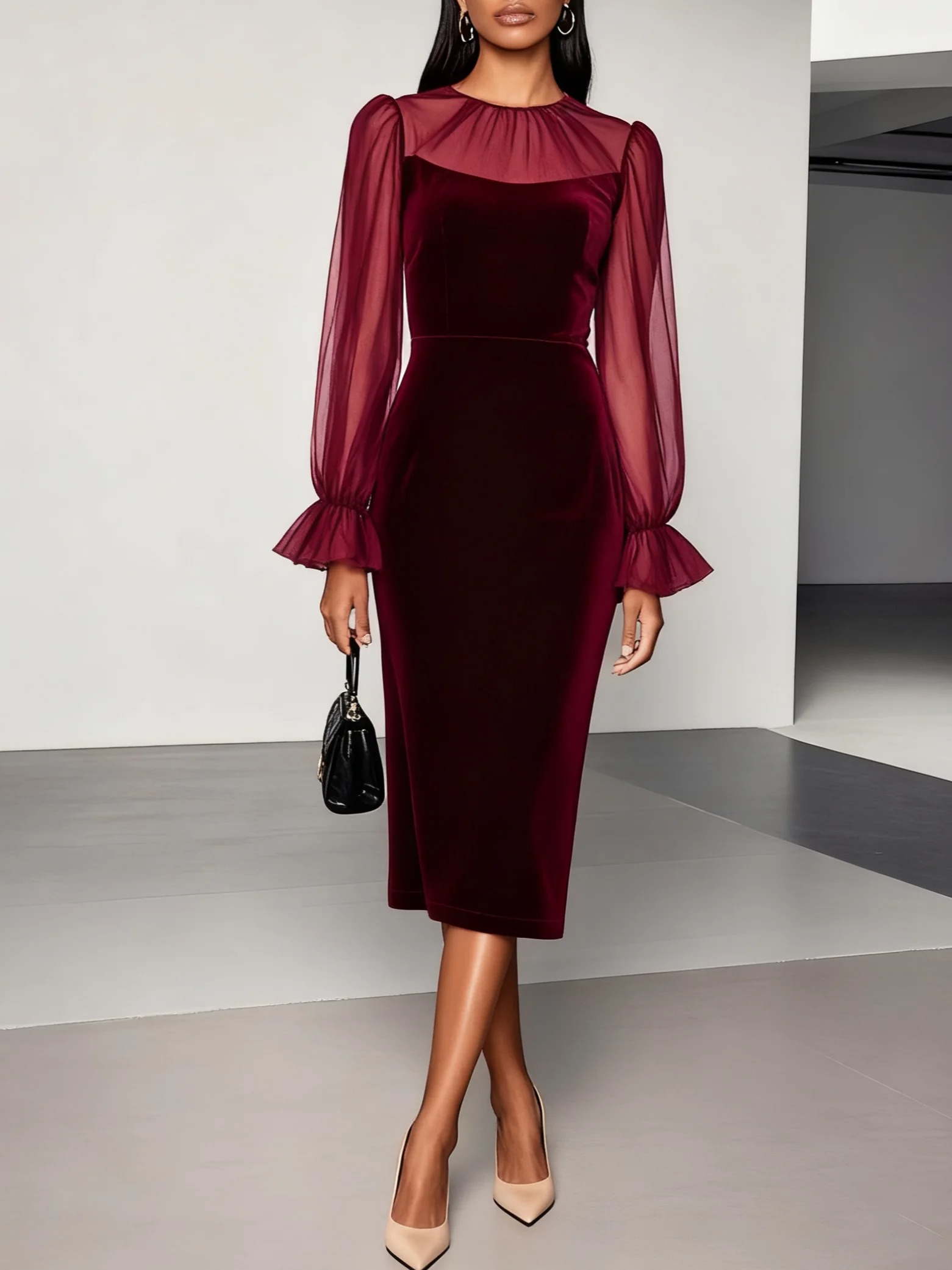 Wine Red Mesh Velvet Crew Neck Long Sleeve Bell Sleeve Sheath Midi Dress