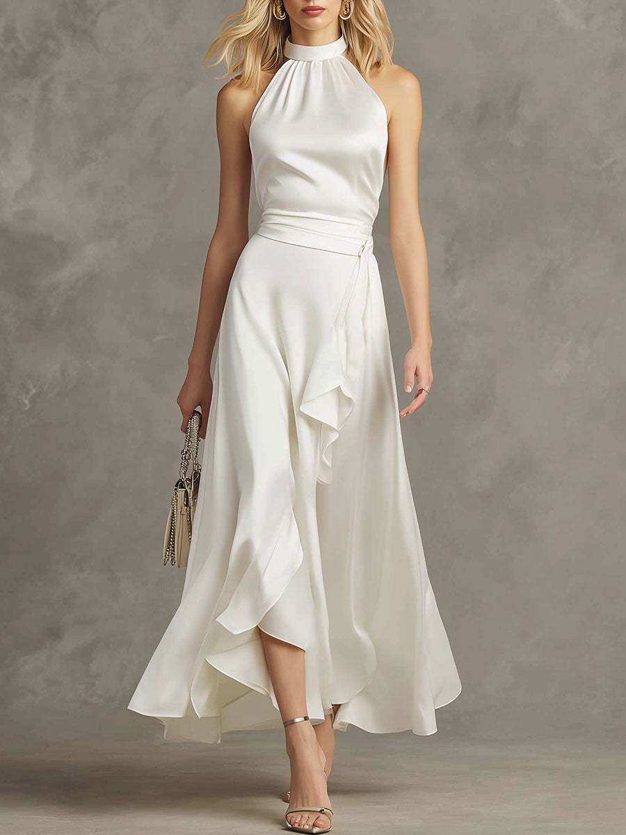 Stylish And Elegant White Satin Sleeveless Top And Skirt Set