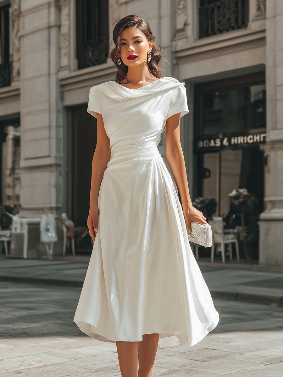 White Draped Asymmetric Midi Dress